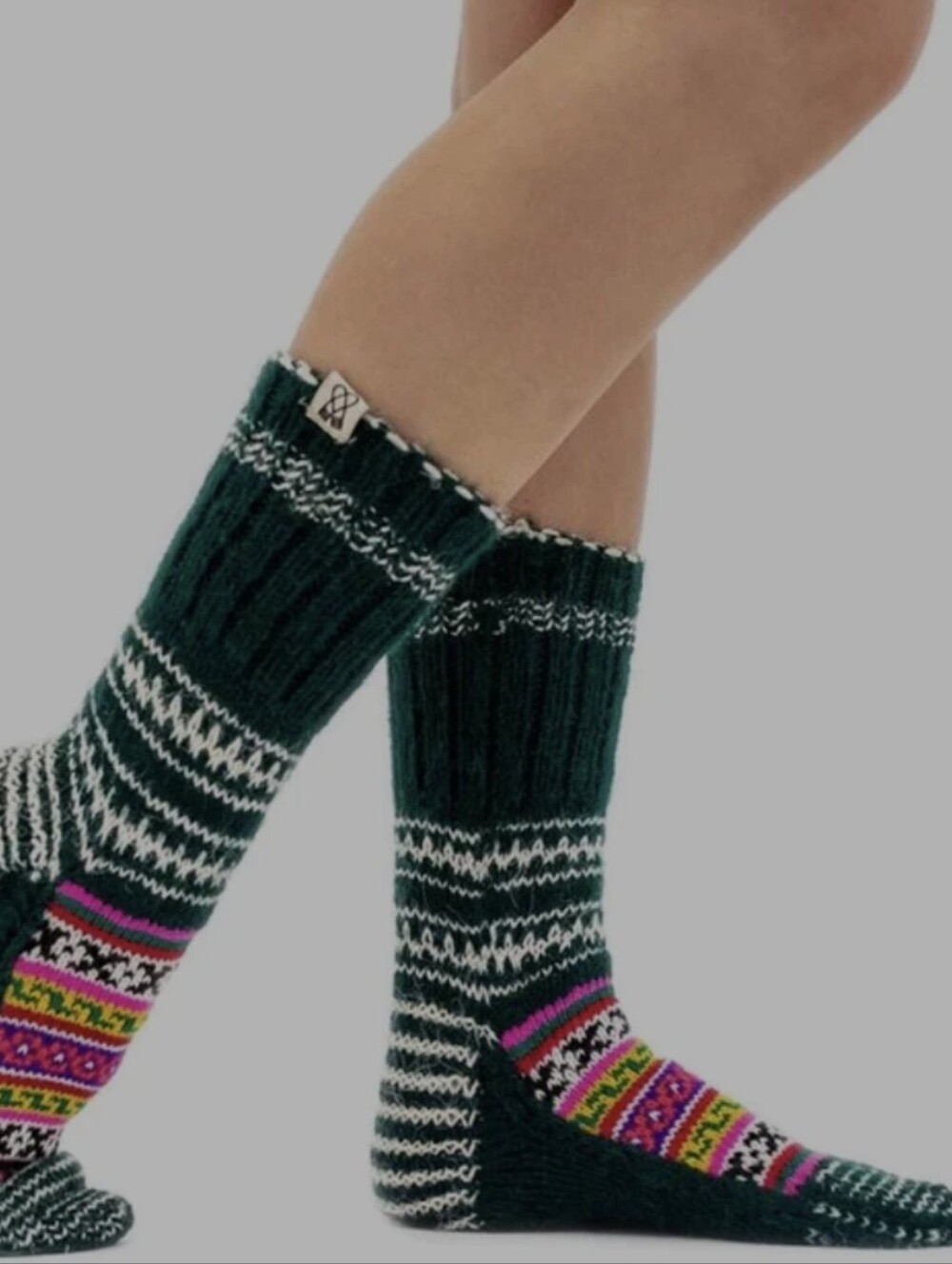 Fazl Bundar Cozy Green Patterned Hand Knit Warm Socks Size M